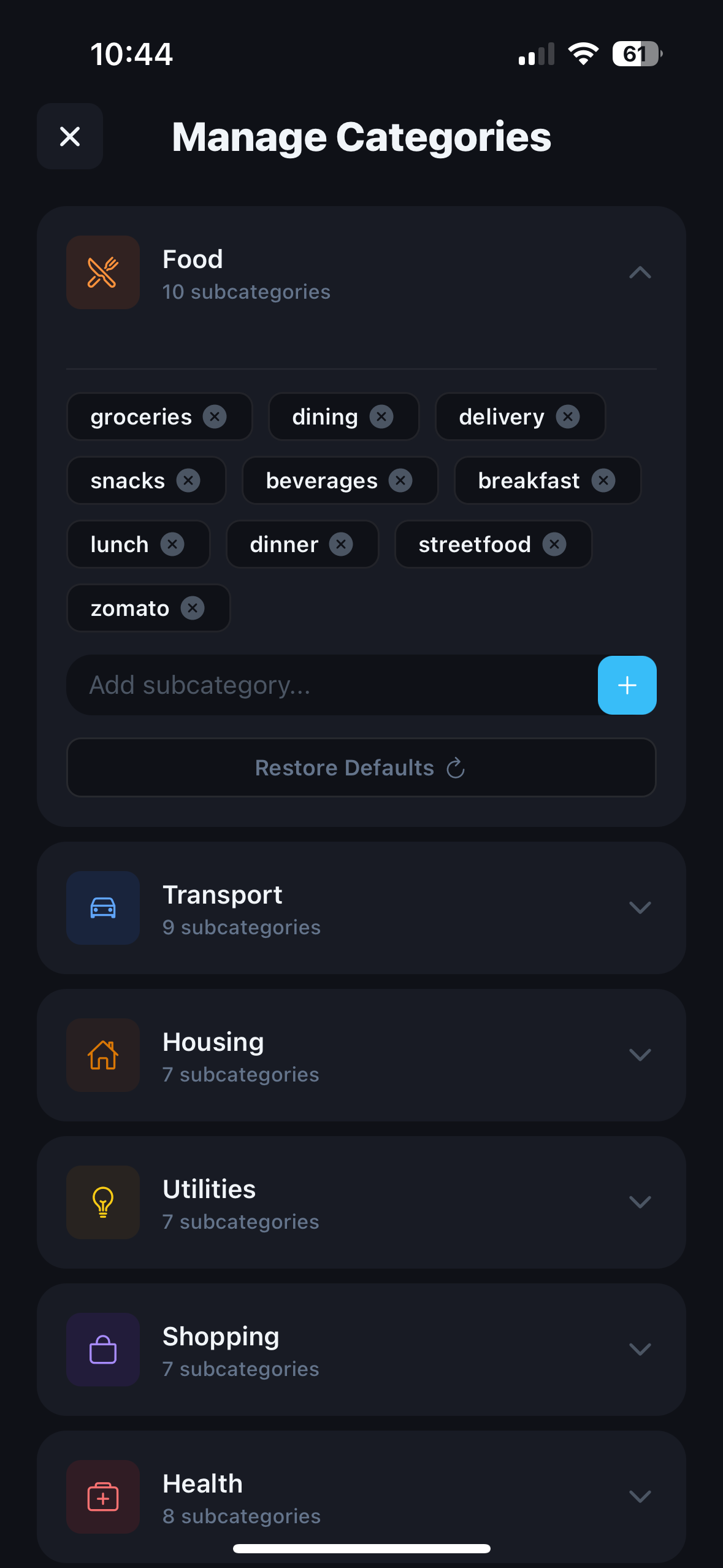 Manage categories with custom subcategories