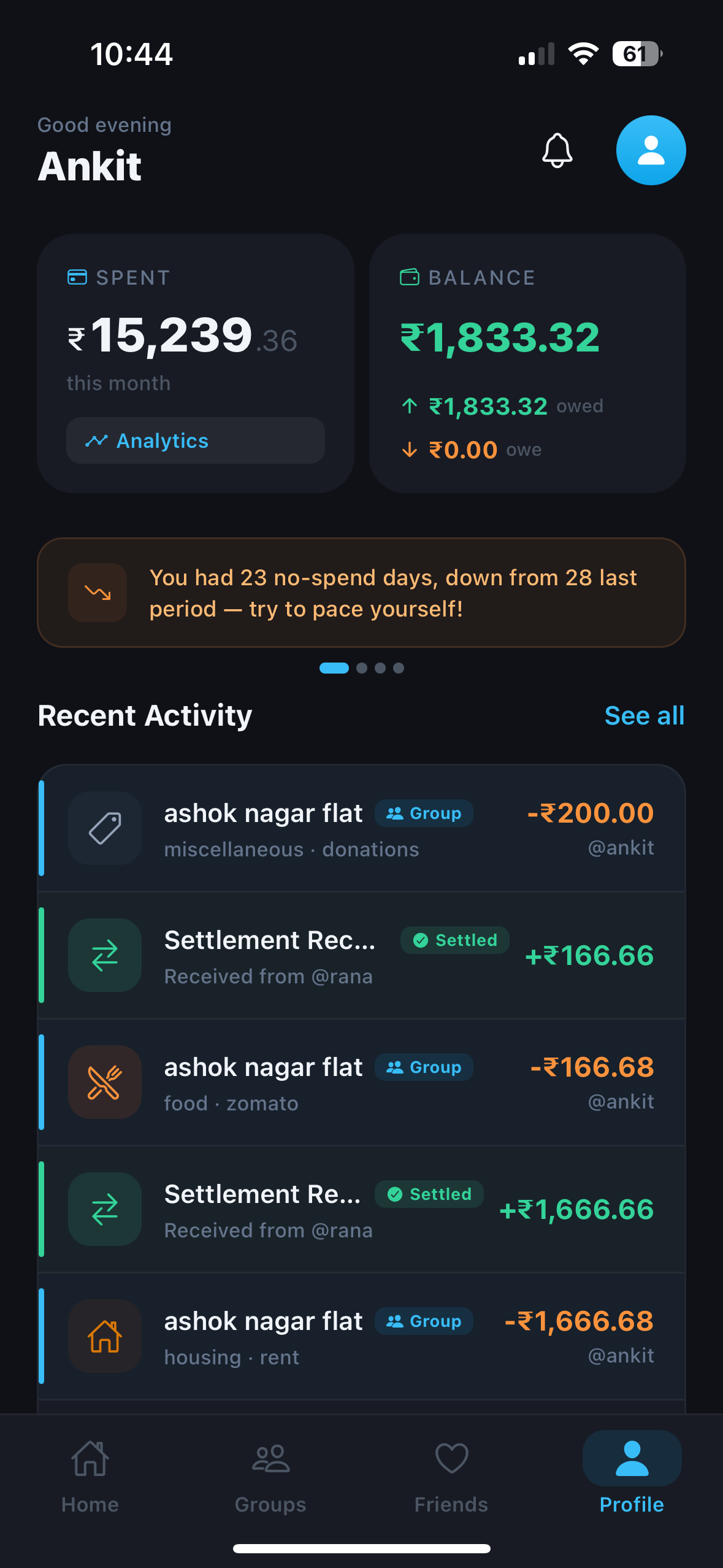 Tracx dashboard showing monthly spending and recent activity