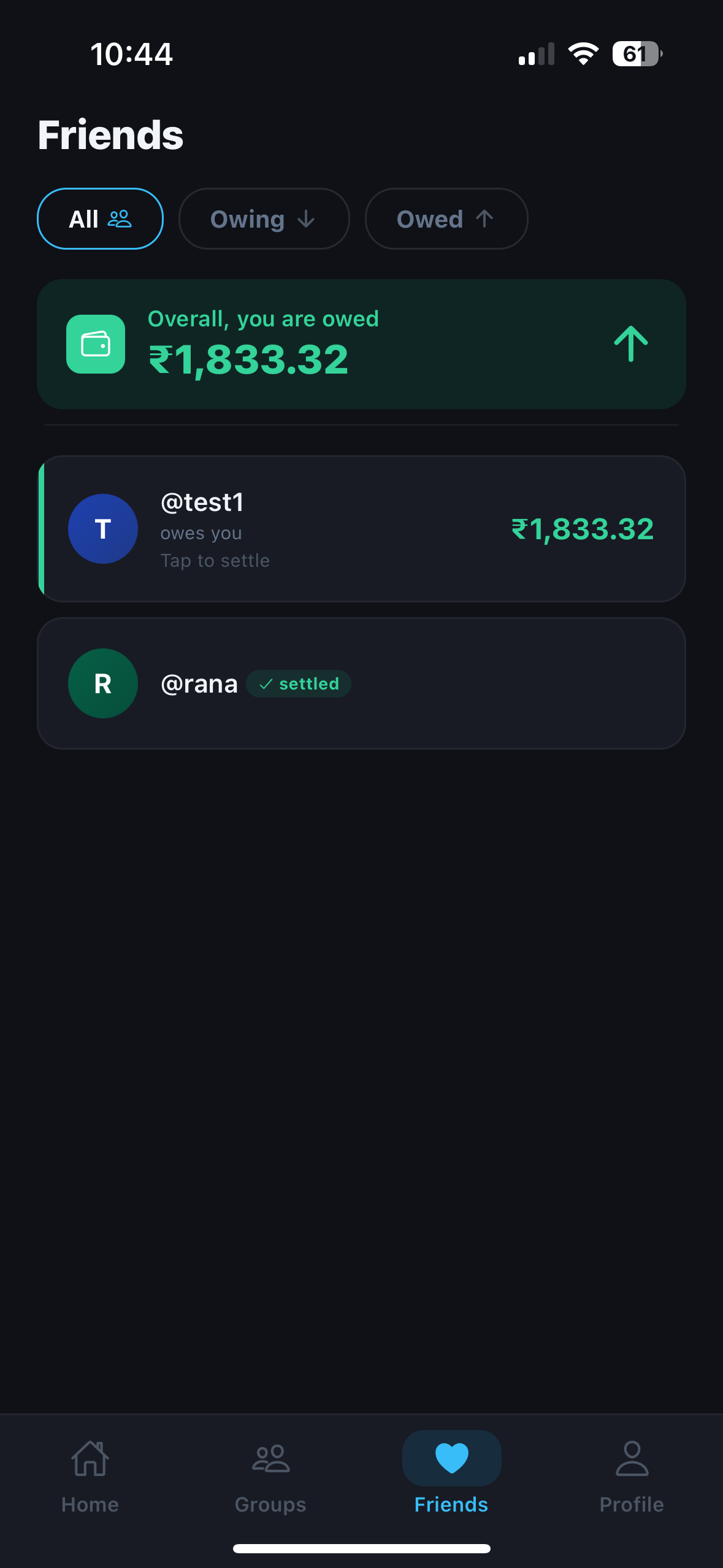 Friends view showing balances owed and settled