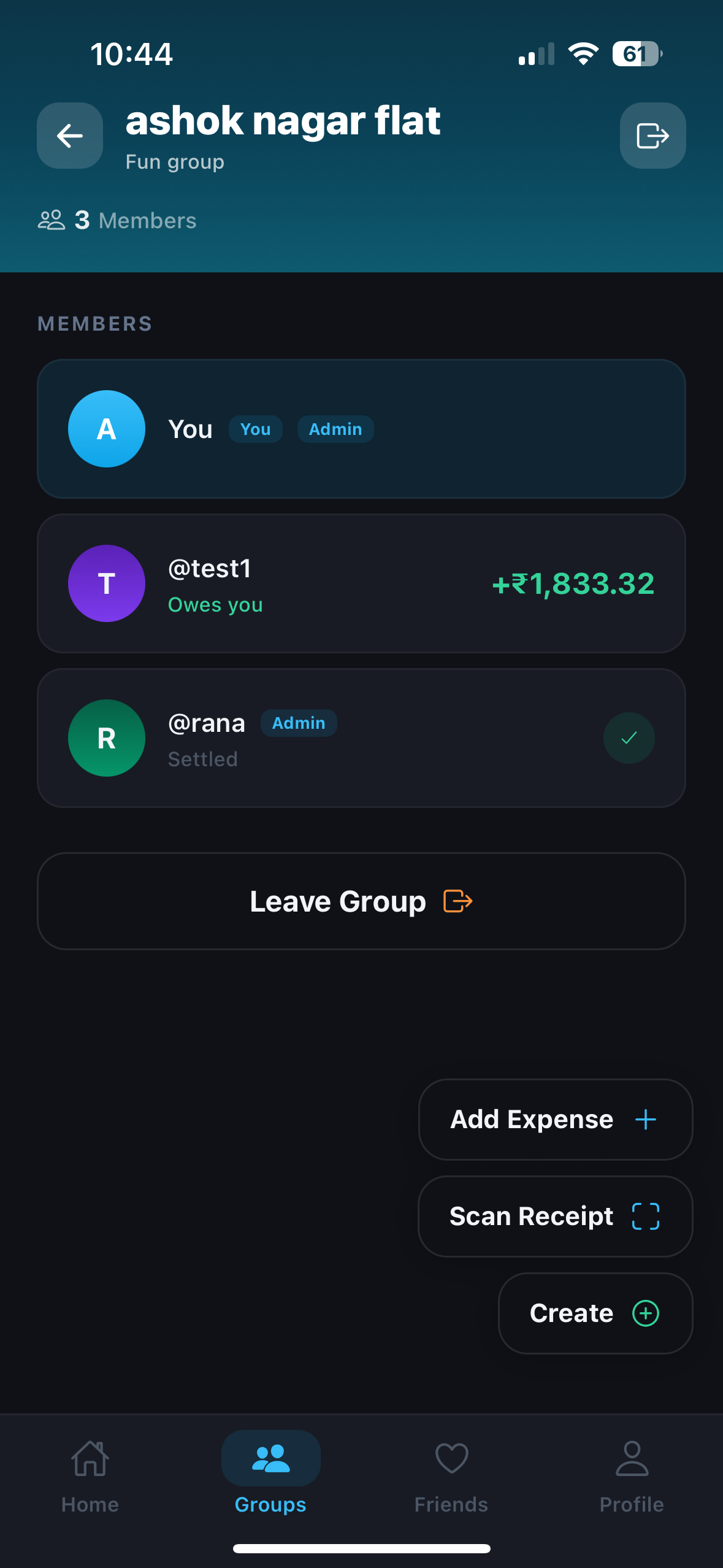Group detail with member balances and invite option